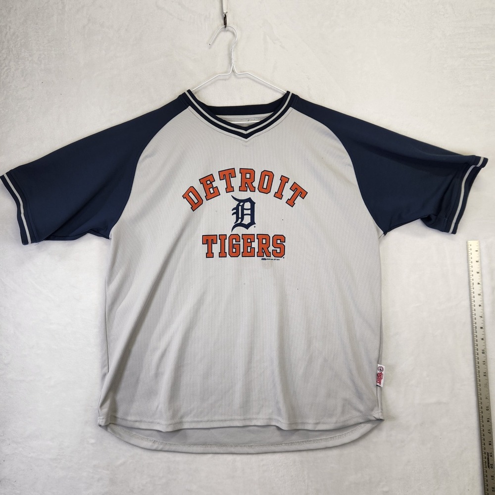 Stitches Detroit Tigers Baseball Jersey Mens 2XL Mesh Raglan V-Neck‎ Gray Navy